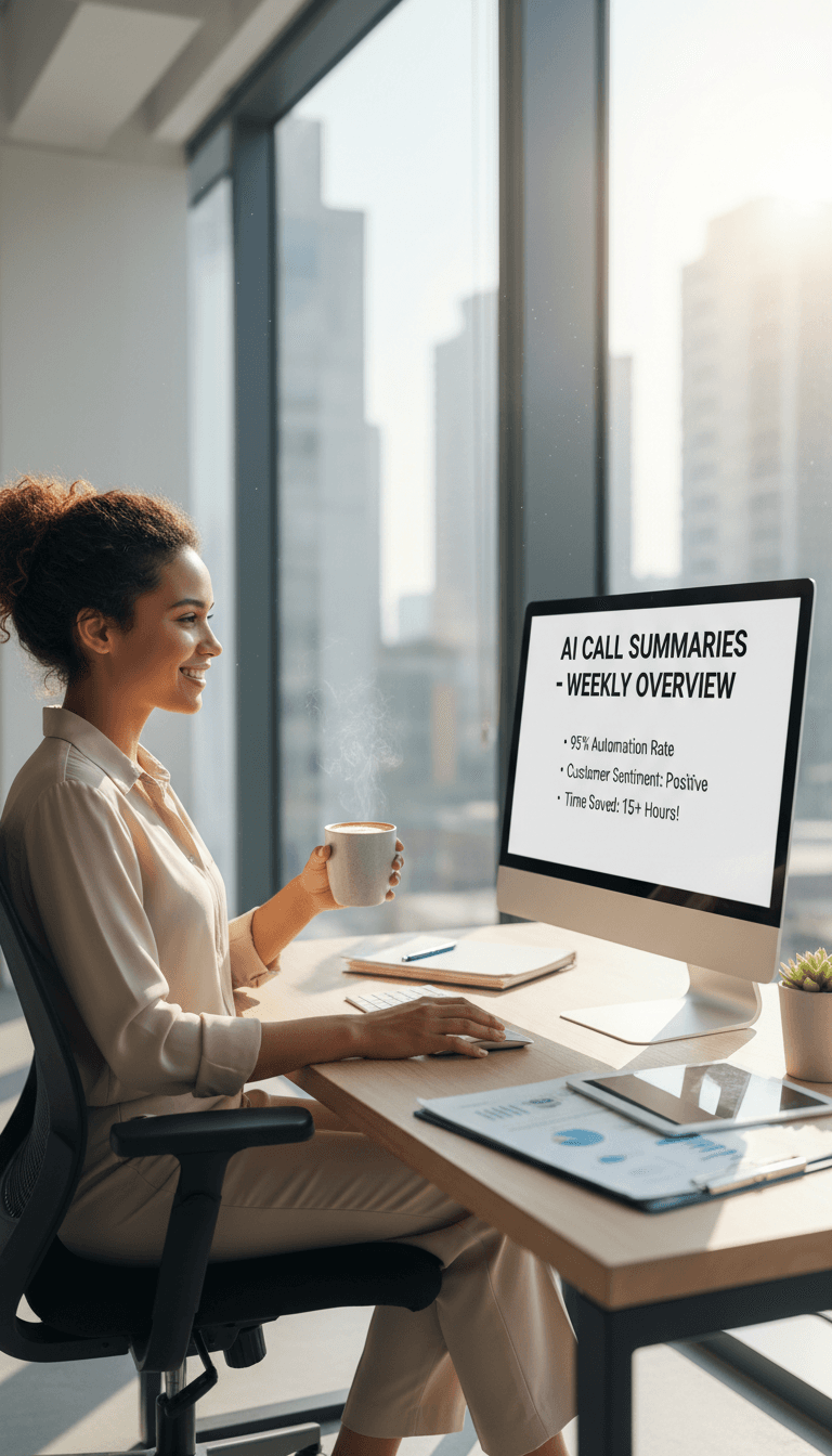 Small business owner reviewing AI call summaries at their desk