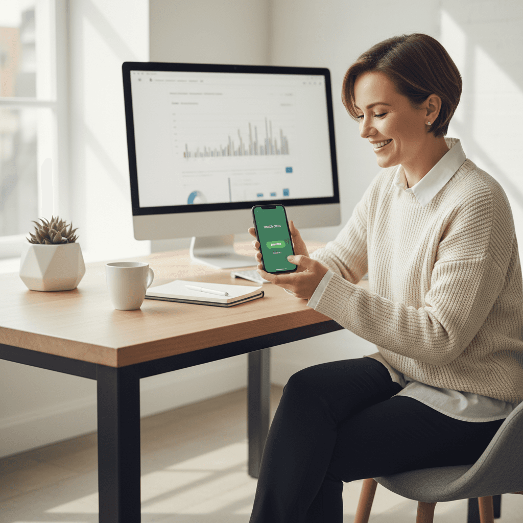 Professional using Voiram's AI call handling interface on computer and phone