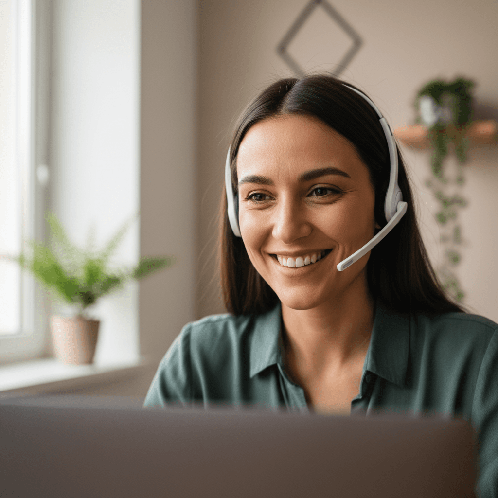 Person answering a call with a natural, friendly expression