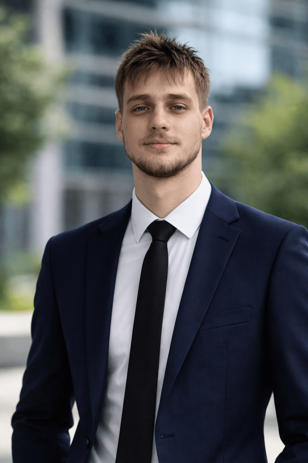 Young man in a navy blue suit and black tie with a blurred urban background.